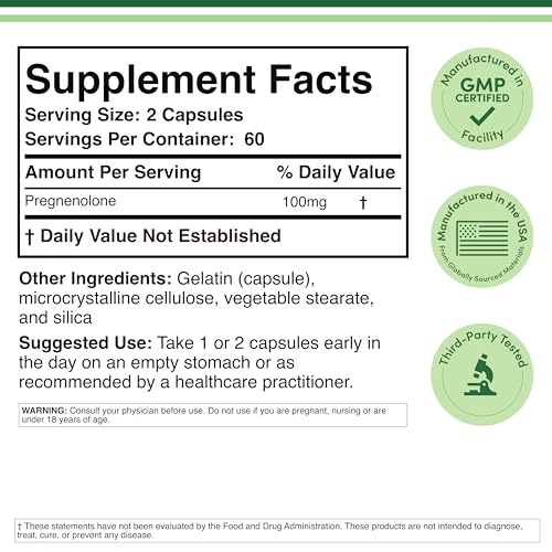 Pregnenolone 100mg per Serving — 120 Capsules (50mg per Capsule) Non-GMO, Third-Party Tested | Double Wood