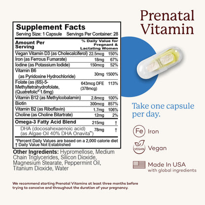 Premama Prenatal Vitamins for Women – Once-Daily Multivitamin with Folate & DHA | Vegan, Allergen-Free (28 Capsules)
