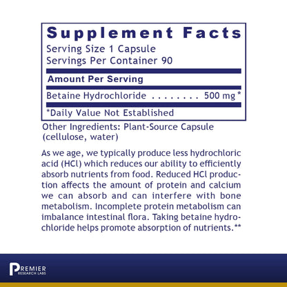 Premier HCL Betaine HCL | Digestive Support & Nutrient Absorption | 90 Vegetarian Capsules