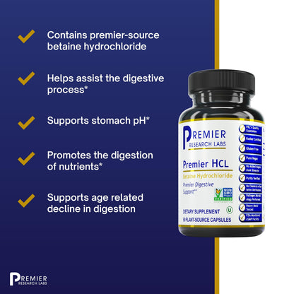 Premier HCL Betaine HCL | Digestive Support & Nutrient Absorption | 90 Vegetarian Capsules