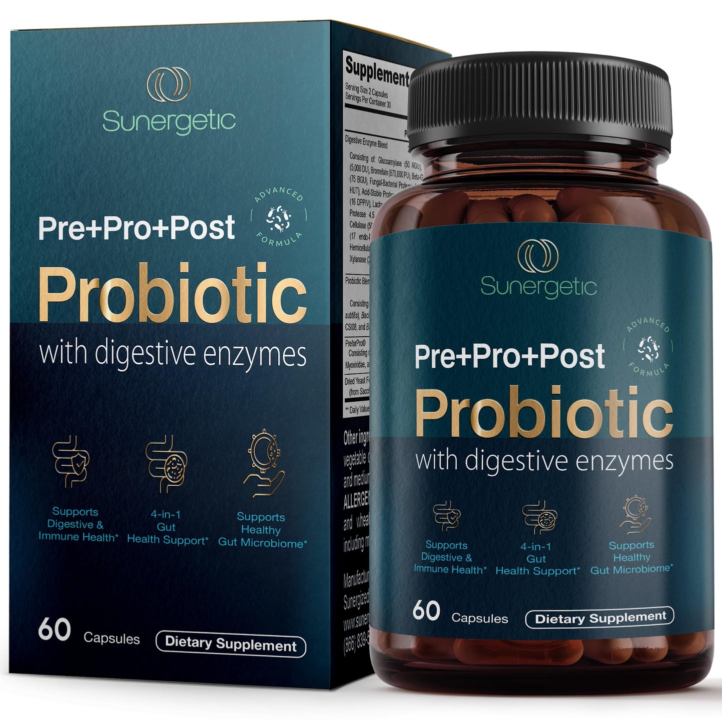 Premium 4-in-1 Probiotic with Prebiotic, Postbiotic & Digestive Enzymes – Gut Health, Digestion & Immunity – 60 Capsules