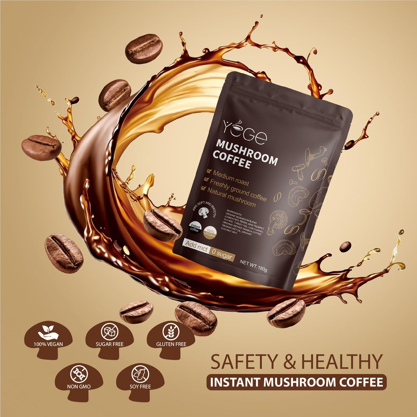 Instant Mushroom Coffee with Cordyceps, Reishi & Lion's Mane – Energy, Focus & Immunity (30 Servings)
