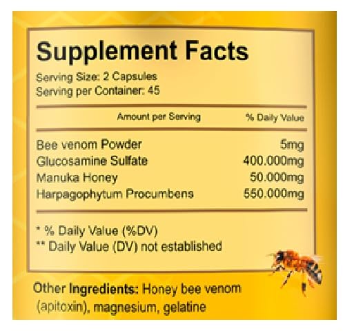 Premium Natural Bee Venom with Glucosamine Sulfate – 90 Capsules | Apitoxin & Manuka Honey Dietary Supplement