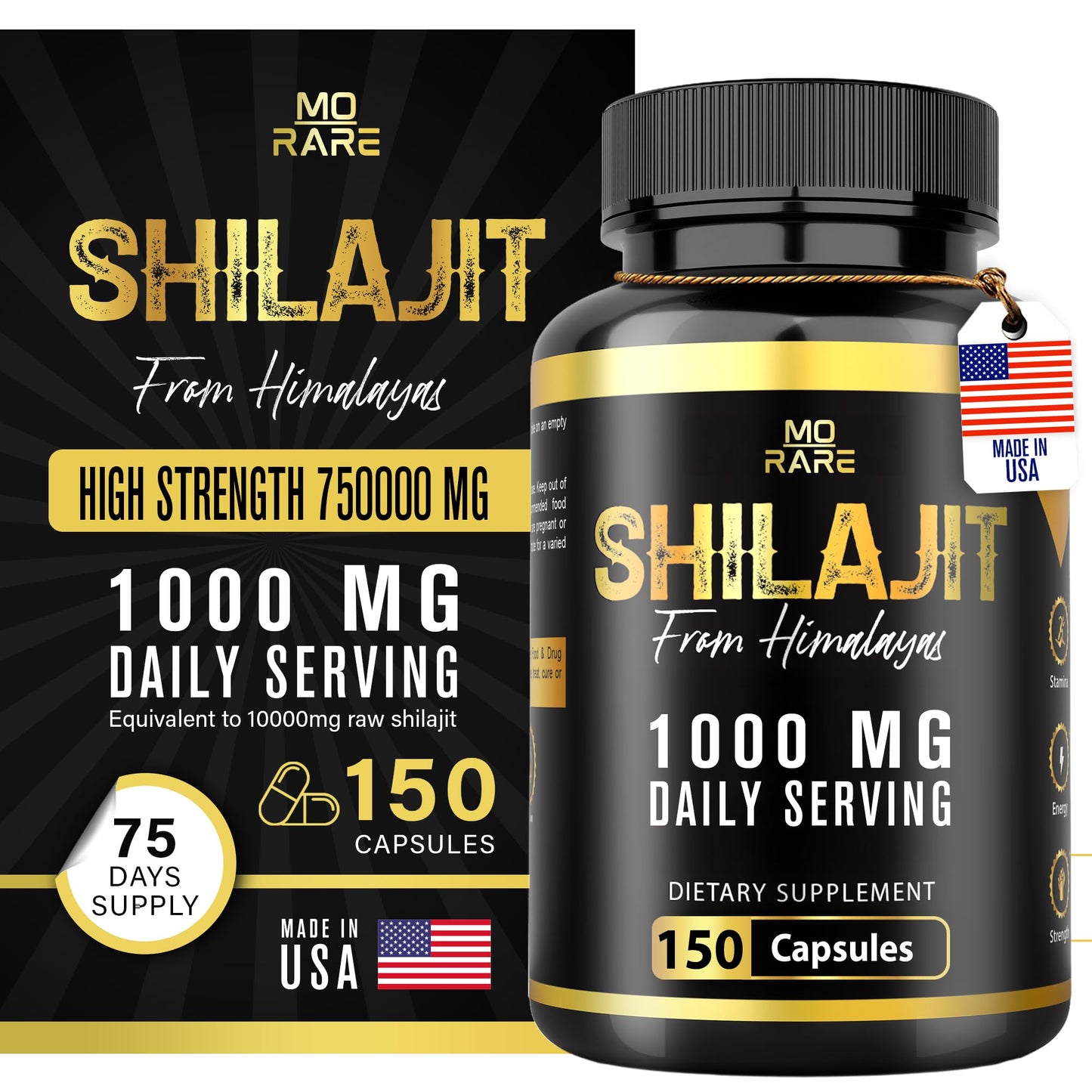 Premium Black Shilajit 750,000mg for Men & Women – 150 Capsules