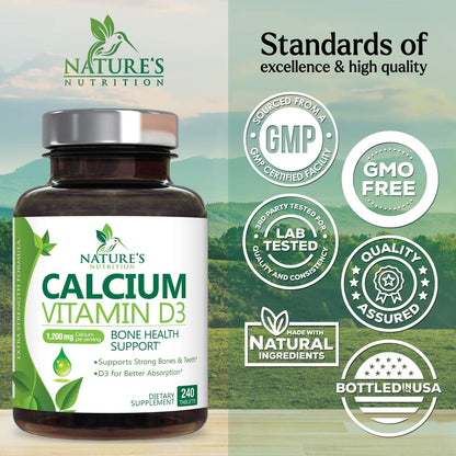 Calcium 1200 mg with Vitamin D3 (1600 IU) – 240 Tablets | USA Bottled | Bone & Immune Health