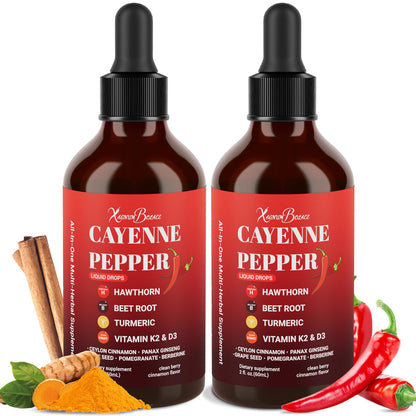 Premium Cayenne Pepper Drops Supplement with Hawthorn, Beet Root, Turmeric, Vitamin K2 & D3, Ginseng, Ceylon Cinnamon – Capsaicin Supplements for Wellness Support - 4 OZ