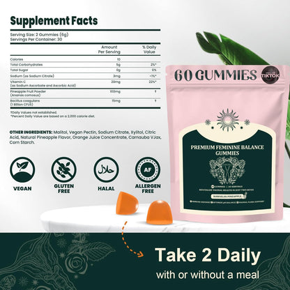 Premium Feminine Balance Gummies for Women | Pineapple Flavor, Gluten-Free, 60 Gummies