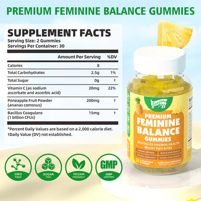 Premium Feminine Balance Gummies for Immune Health & pH Support – Pineapple, Vegan