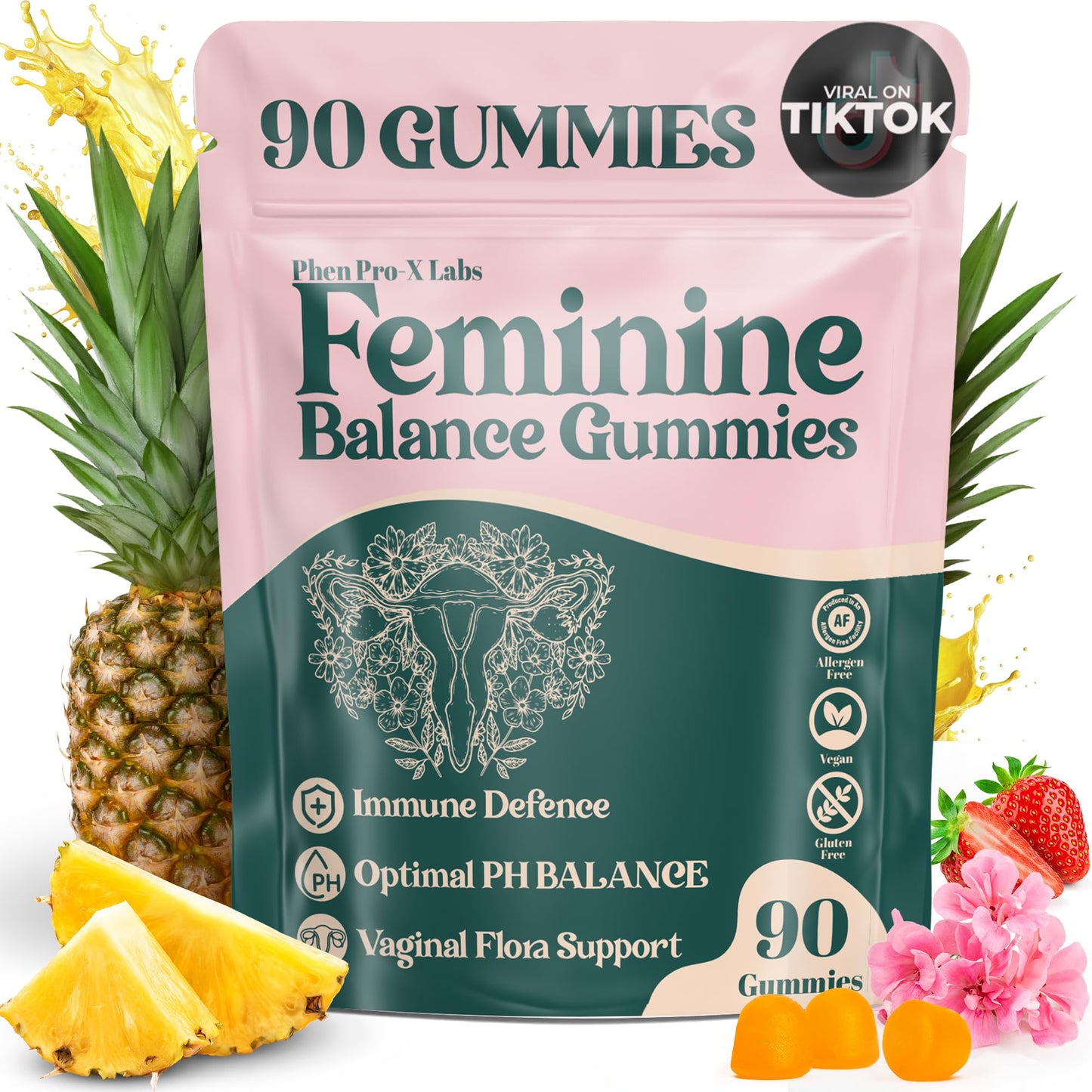 Premium Feminine Balance Gummies for Women – Pineapple pH & 4-in-1 Support | 90 Count (Vegan & Gluten-Free)