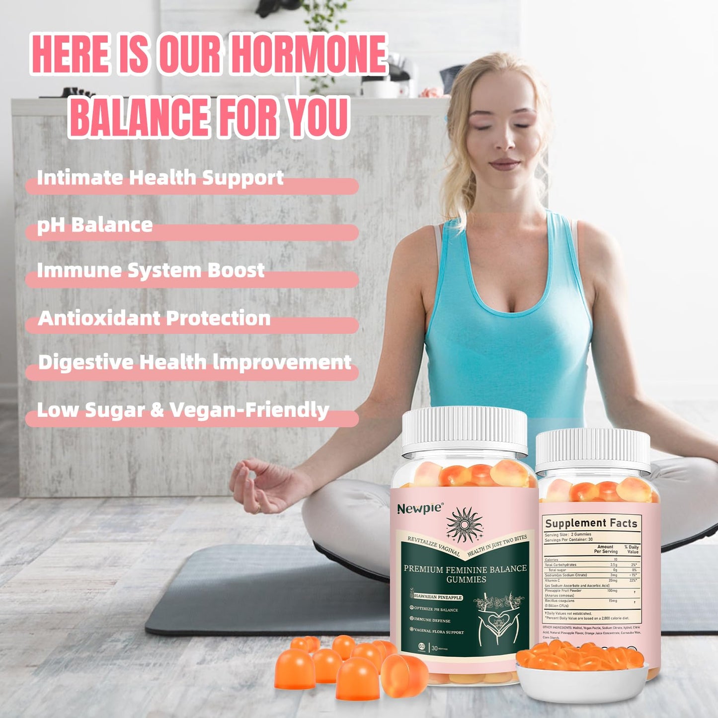Premium Feminine Balance Gummies for Women – Pineapple, Vegan, Gluten-Free, Halal | 60 Gummies