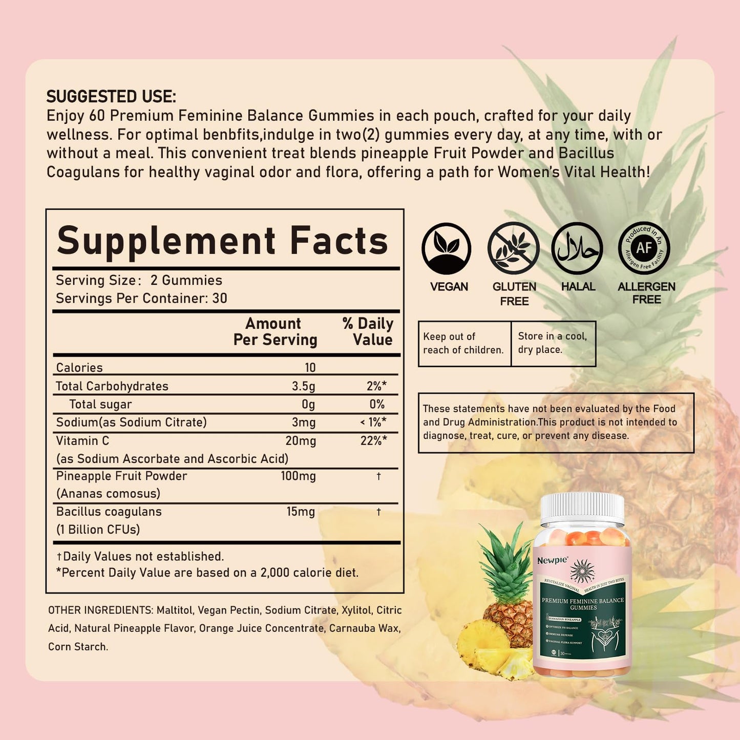 Premium Feminine Balance Gummies for Women – Pineapple, Vegan, Gluten-Free, Halal | 60 Gummies
