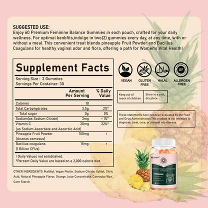 Premium Feminine Balance Gummies for Women – Pineapple, Vegan, Gluten-Free, Halal | 60 Gummies