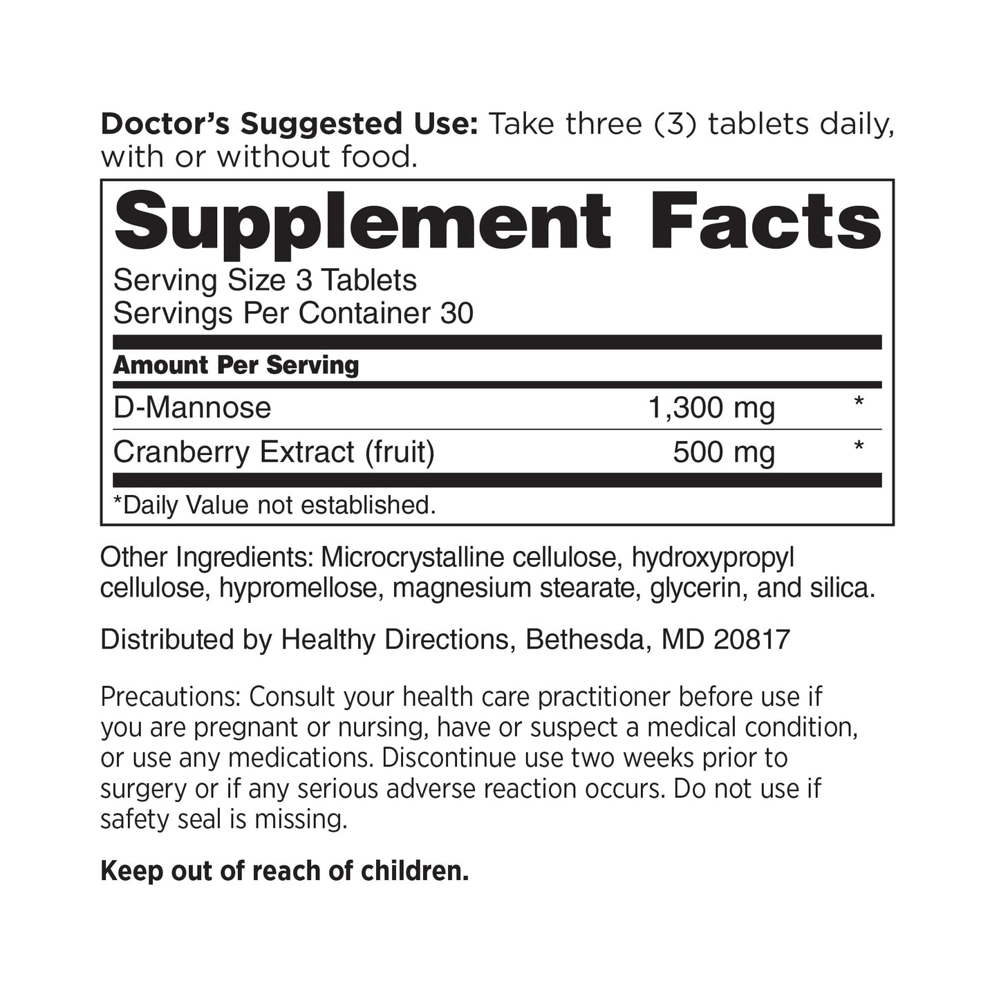 DOCTORS' PREFERRED D-Mannose 1300 MG with Cranberry 500 MG Supplement - Premium Formula (90 Vegan Tablets)