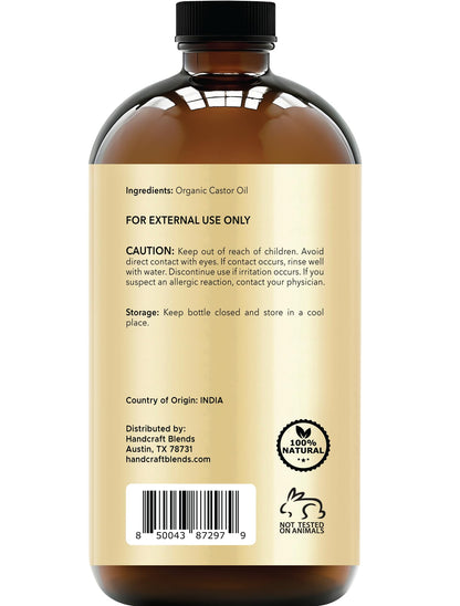 Handcraft Blends Cold-Pressed Organic Castor Oil 16 Fl Oz | Glass Bottle | 100% Pure & Natural | Premium Grade Carrier Oil | Hair, Eyelashes and Eyebrows | Hair and Body
