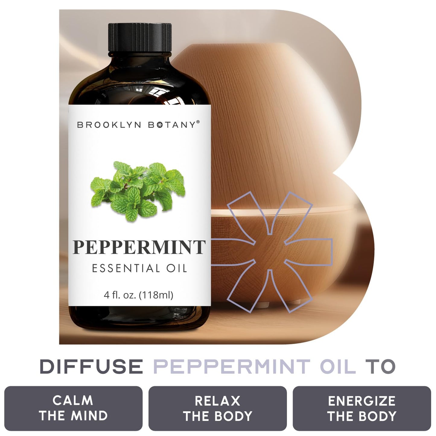 Brooklyn Botany Peppermint Essential Oil - 4 Fl Oz | 100% Pure & Natural | Premium Grade with Dropper