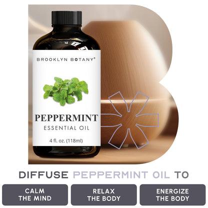 Brooklyn Botany Peppermint Essential Oil - 4 Fl Oz | 100% Pure & Natural | Premium Grade with Dropper