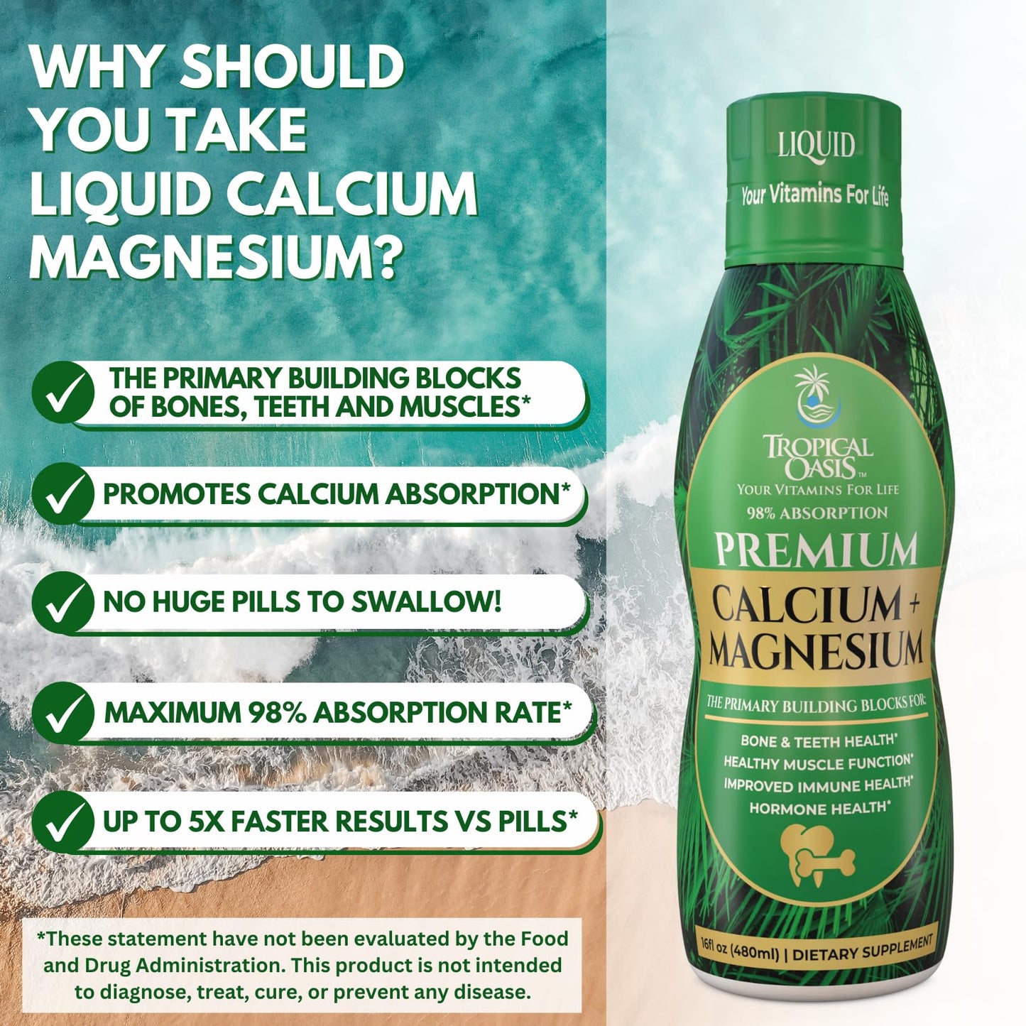 Premium Liquid Calcium Magnesium Supplement | 98% Absorption | Calcium Citrate, Vitamin D3 & Boron | 16oz, 32 Servings