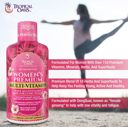 Tropical Oasis Premium Liquid Multivitamin for Women – Sugar Free, 98% Absorption, 32 Servings