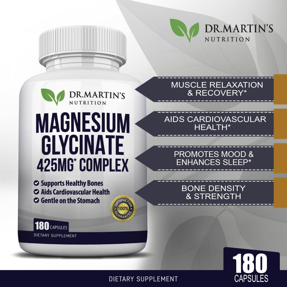 Premium Magnesium Glycinate 425mg | 180 Vegan Capsules – Sleep, Stress & Heart Support