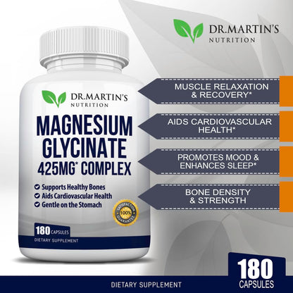 Premium Magnesium Glycinate 425mg | 180 Vegan Capsules – Sleep, Stress & Heart Support