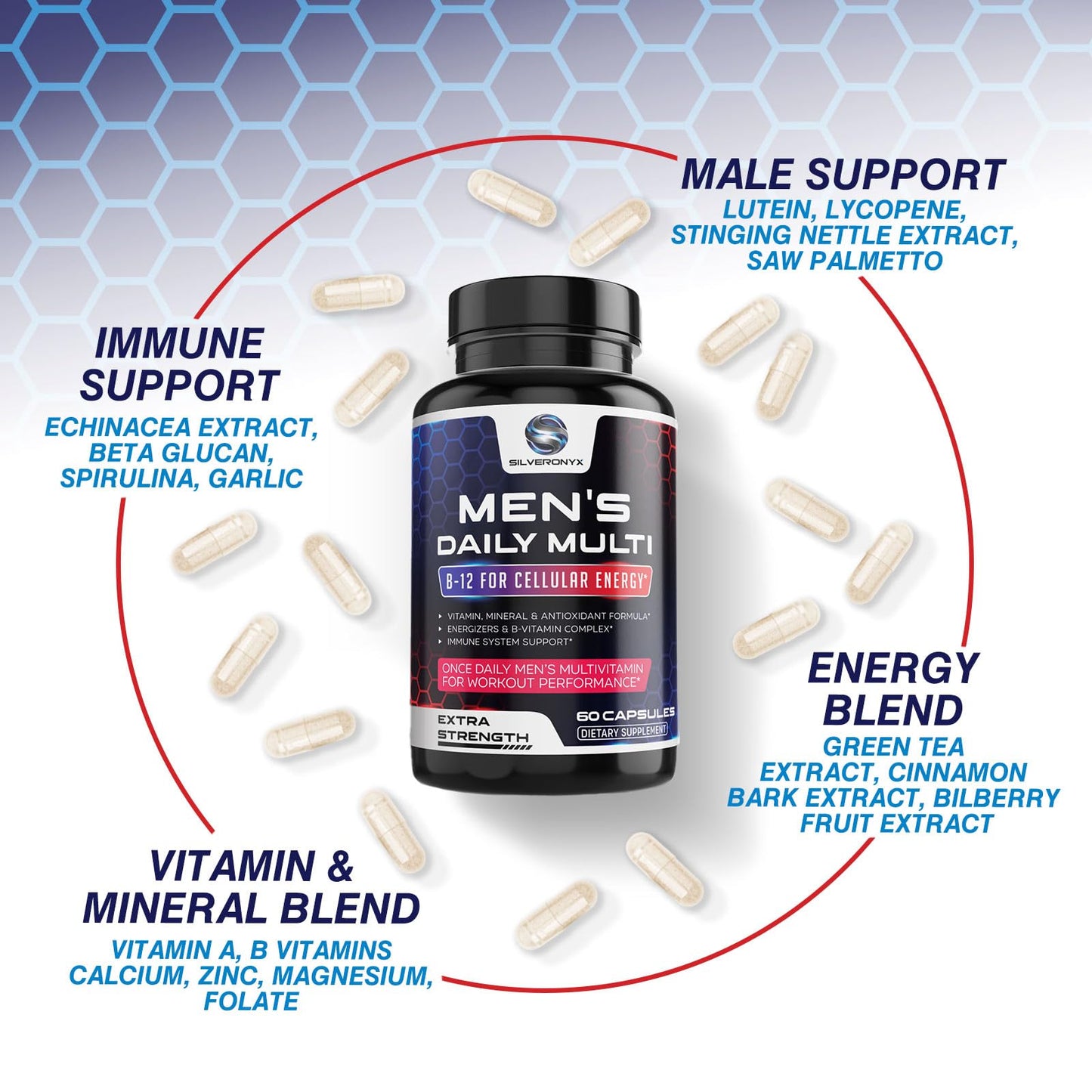 Multivitamin for Men - Immune Support, Non-GMO, 60 Capsules | SilverOnyx