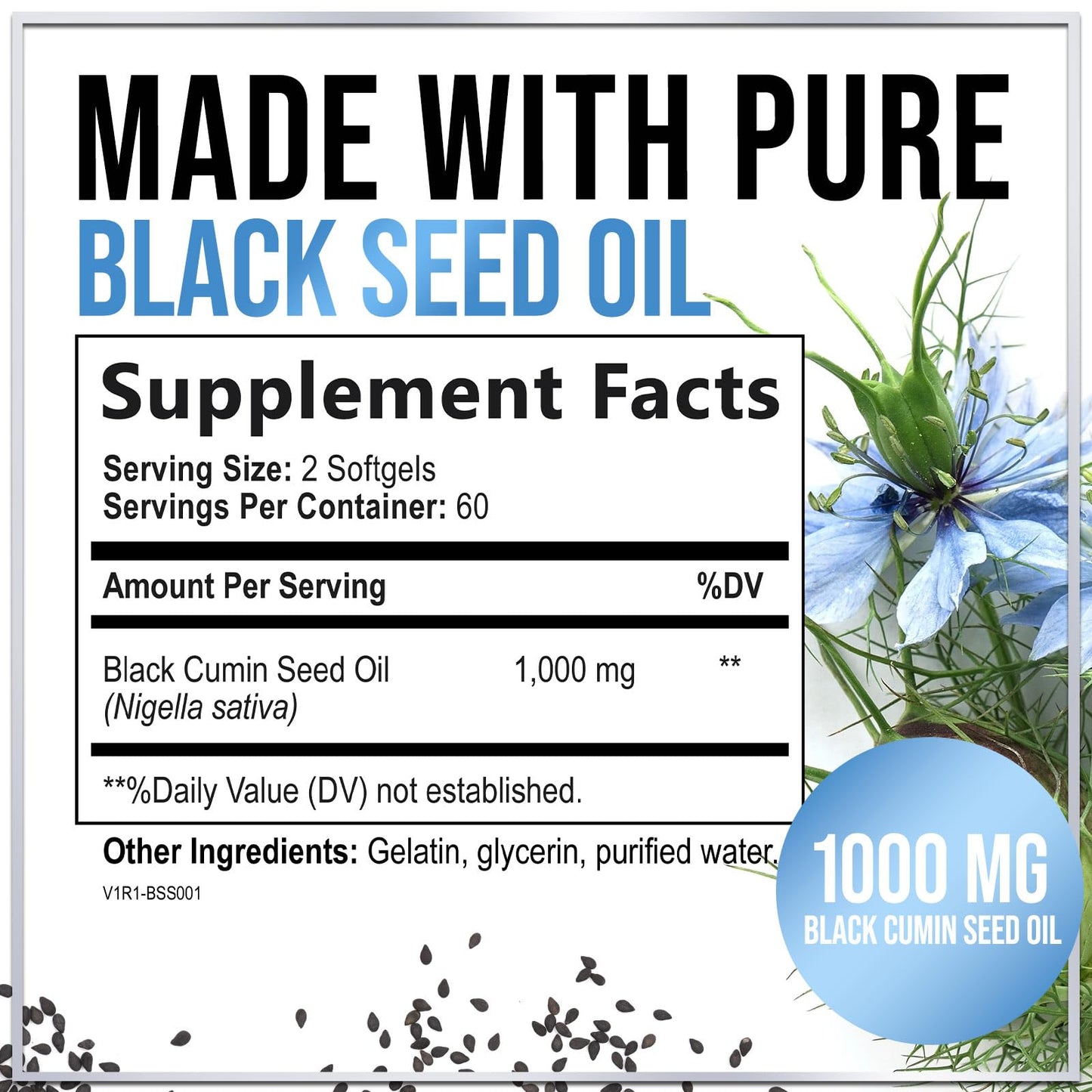 Black Seed Oil Softgels 1000mg – Premium Nigella Sativa Blackseed, Non-GMO, USA Bottled