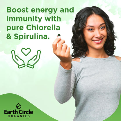 Earth Circle Organics Premium Organic Chlorella & Spirulina Tablets 1000 Count (50/50) – Cracked Cell Wall for Maximum Absorption | Vegan, Kosher Green Algae Superfood | Pack of 2