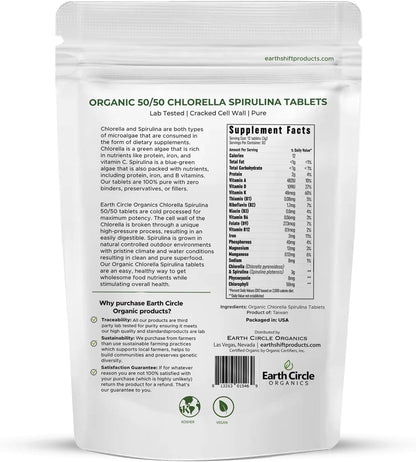 Earth Circle Organics Premium Organic Chlorella + Spirulina Tablets 1000 Count (50/50) – Vegan, Kosher, Cracked Cell Wall