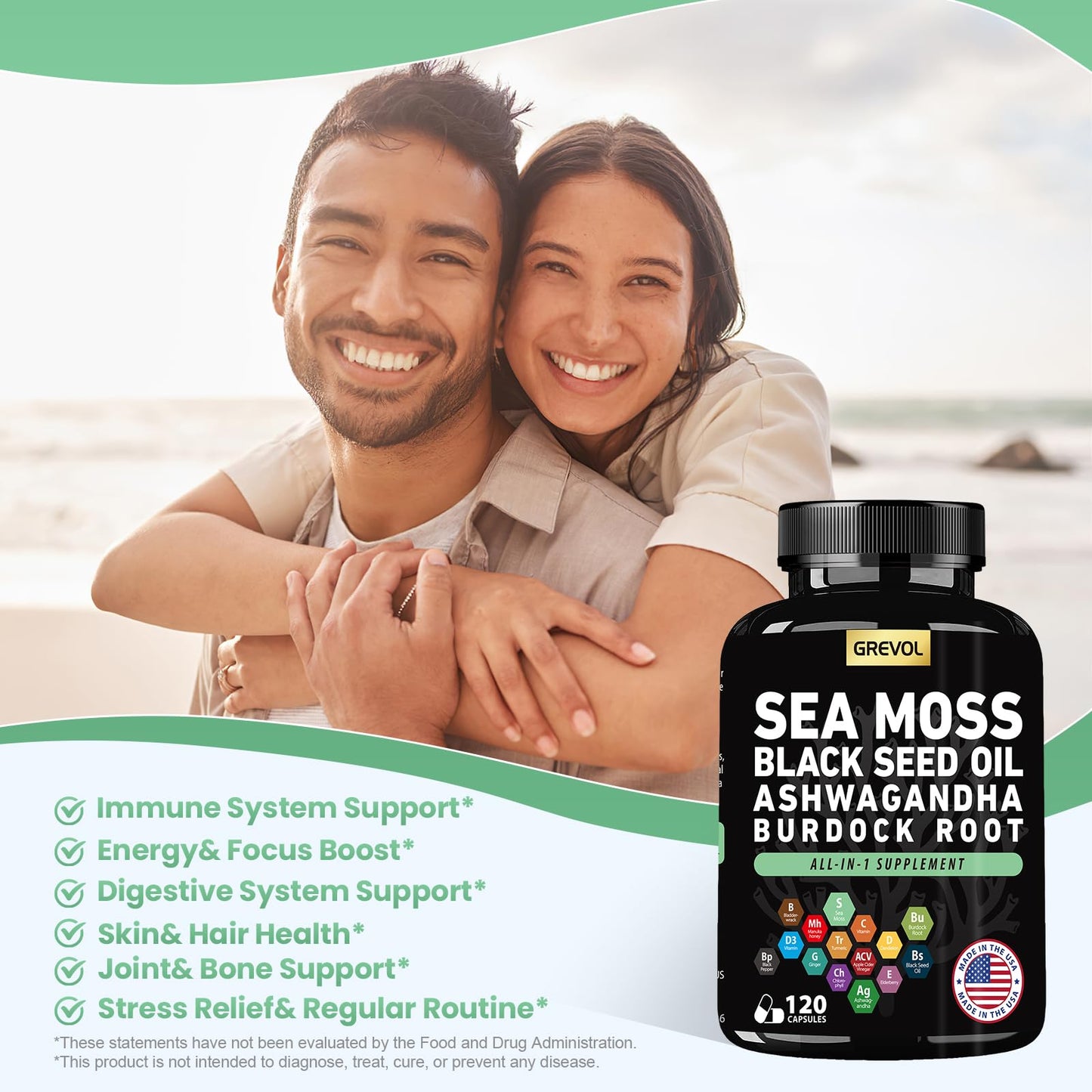 Sea Moss Capsules with Ashwagandha, Black Seed Oil & Turmeric - Multimineral Supplement 120 Count