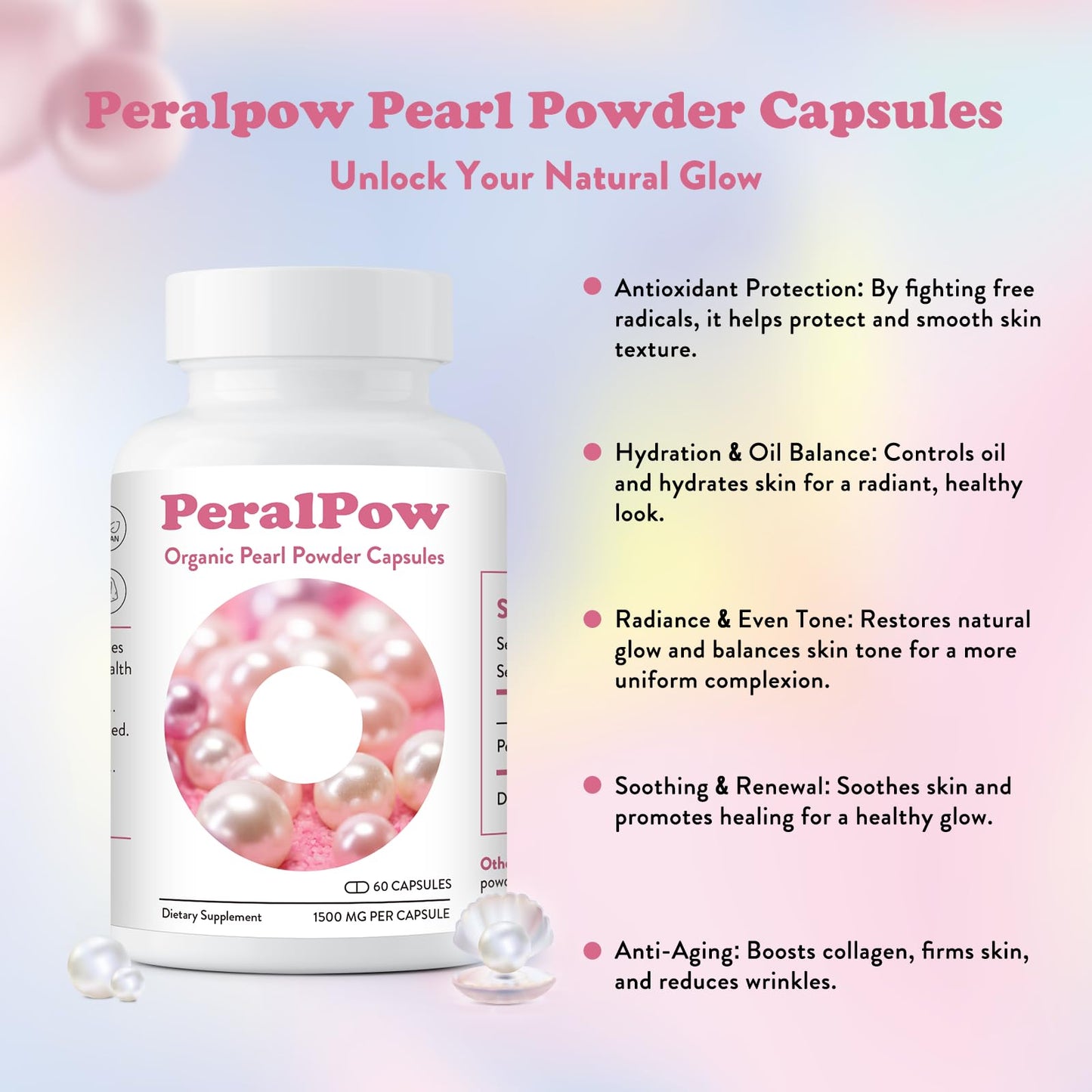 Organic Pearl Powder Capsules 1500mg | Skin Radiance, Eye Wellness & Nails | 60 Capsules