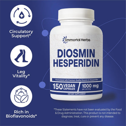 Immortal Herbs Diosmin Hesperidin 1000mg Complex – 150 Vegan Capsules | Gluten Free & Non-GMO