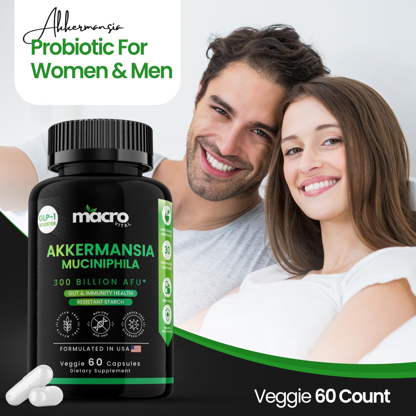 Akkermansia Muciniphila 300B AFU Probiotic for GLP-1 Support | Akka Superbiotics, 60 Veggie Capsules