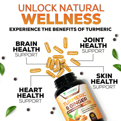 Turmeric Curcumin 1950mg with BioPerine – 95% Curcuminoids, Organic Turmeric & Ginger, 180 Capsules