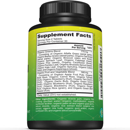 Premium USDA Organic Greens Superfood Tablets – 60 Tablets (Pack of 2) – Greens, Fruits & Veggies Daily Supplement