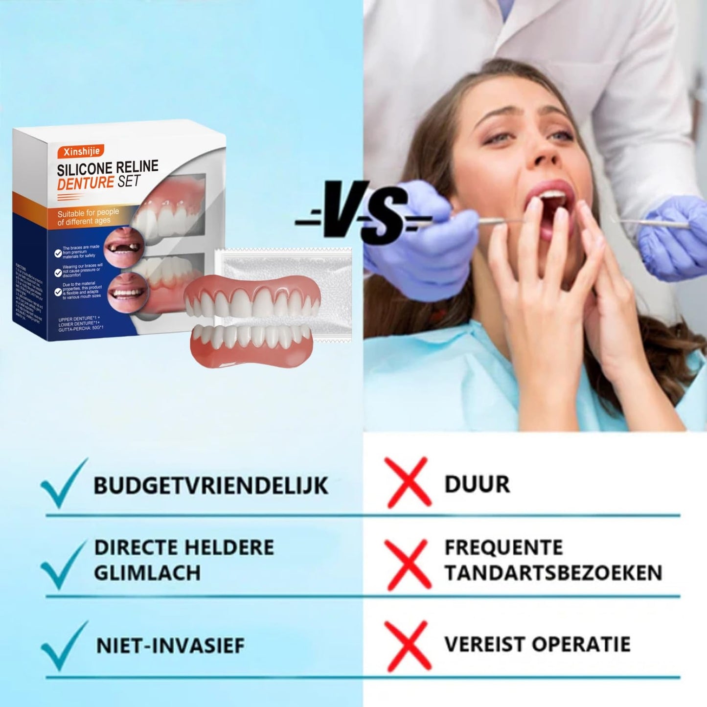 Xinshijie Soft Silicone Denture Liners - Comfortable Upper & Lower Set