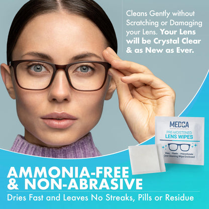 Premoistened Lens Cleaning Wipes - Pack of 200 | Quick Drying, Streak-Free | MEDca