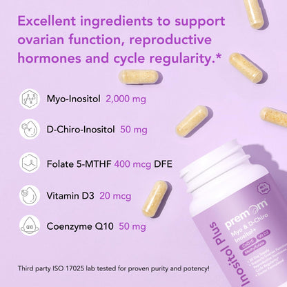 Premom Inositol Plus – 2000mg Myo-Inositol & 50mg D-Chiro Inositol, CoQ10, Folate & Vitamin D3 - 40:1 Ratio | Supports Hormonal Balance, Ovarian & Reproductive Health - 30 Day Supply