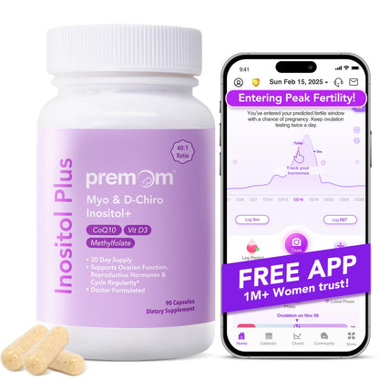 Premom Inositol Plus – 2000mg Myo-Inositol & 50mg D-Chiro Inositol, CoQ10, Folate & Vitamin D3 - 40:1 Ratio | Supports Hormonal Balance, Ovarian & Reproductive Health - 30 Day Supply