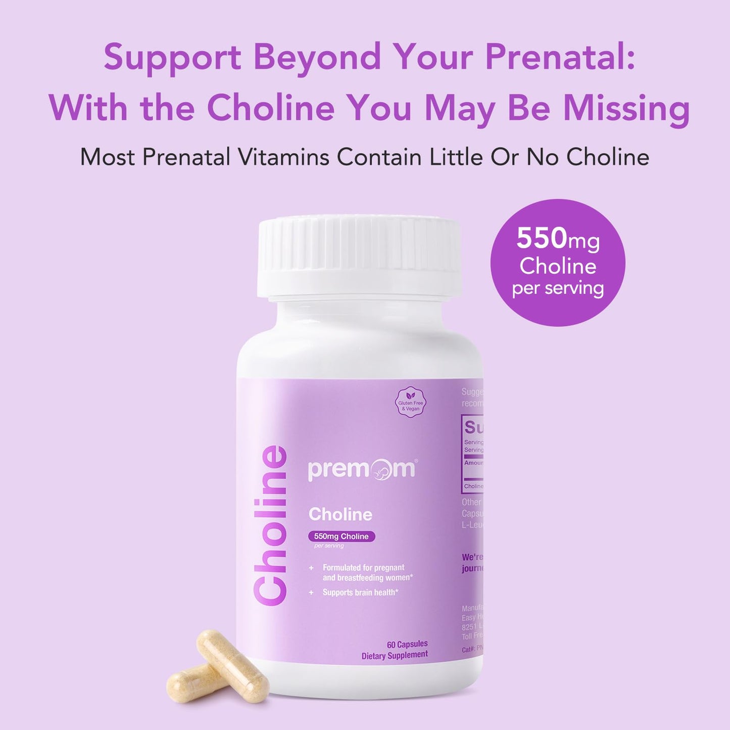 Premom Prenatal Choline Bitartrate 550mg – 60 Capsules | Prenatal Brain Support