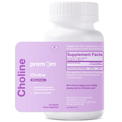 Premom Prenatal Choline Bitartrate 550mg – 60 Capsules | Prenatal Brain Support