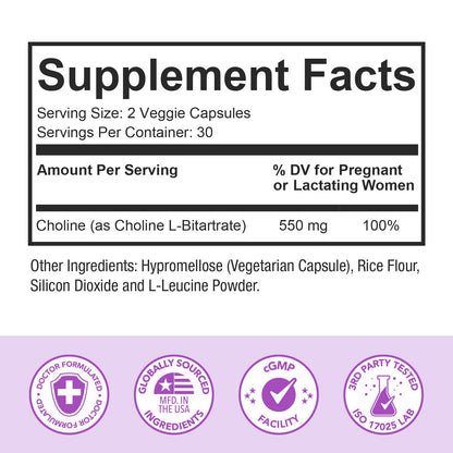 Premom Prenatal Choline Bitartrate 550mg – 60 Capsules | Prenatal Brain Support