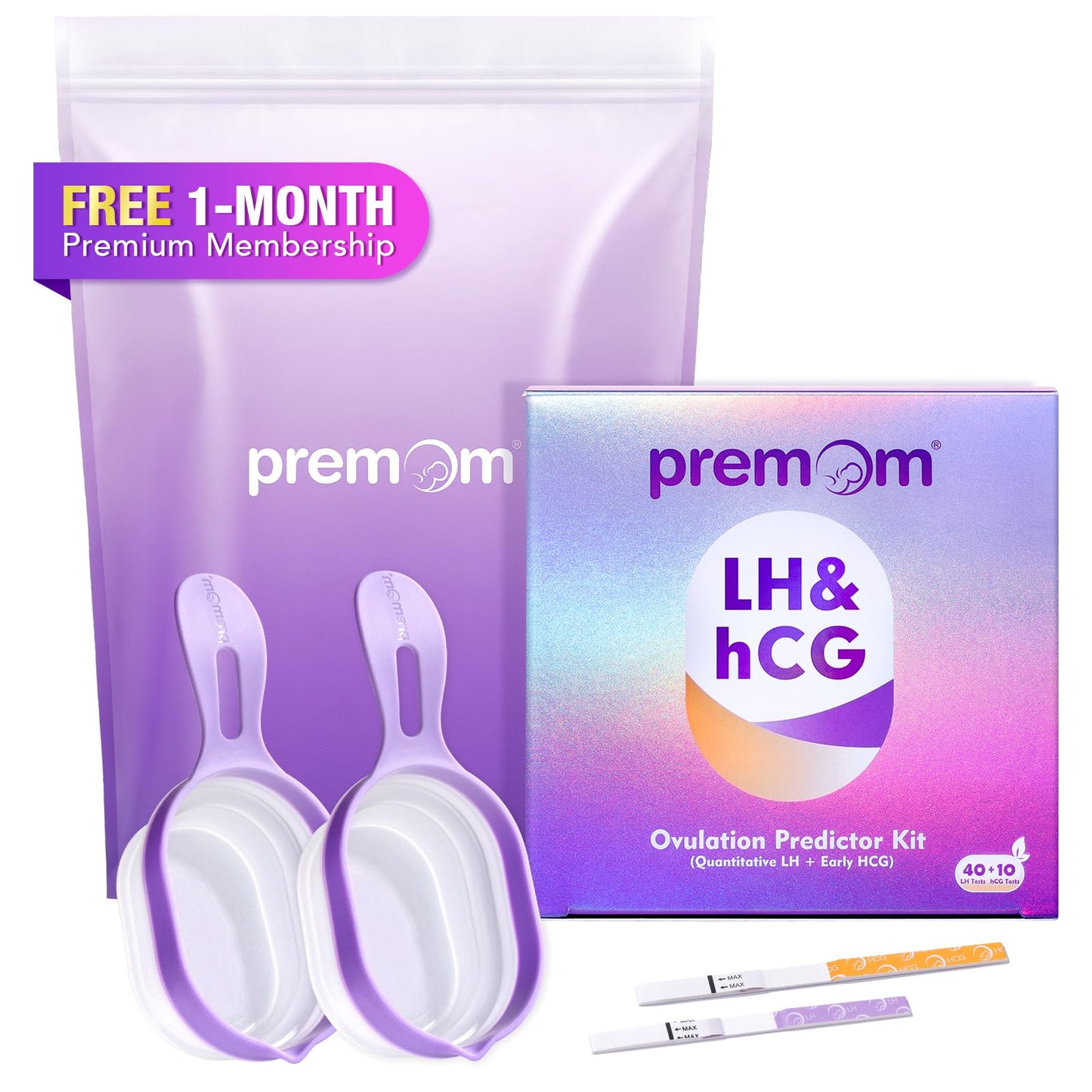 Premom Quantitative Ovulation & Pregnancy Test Kit — 40 LH Strips, 10 HCG Strips, 2 Reusable Cups