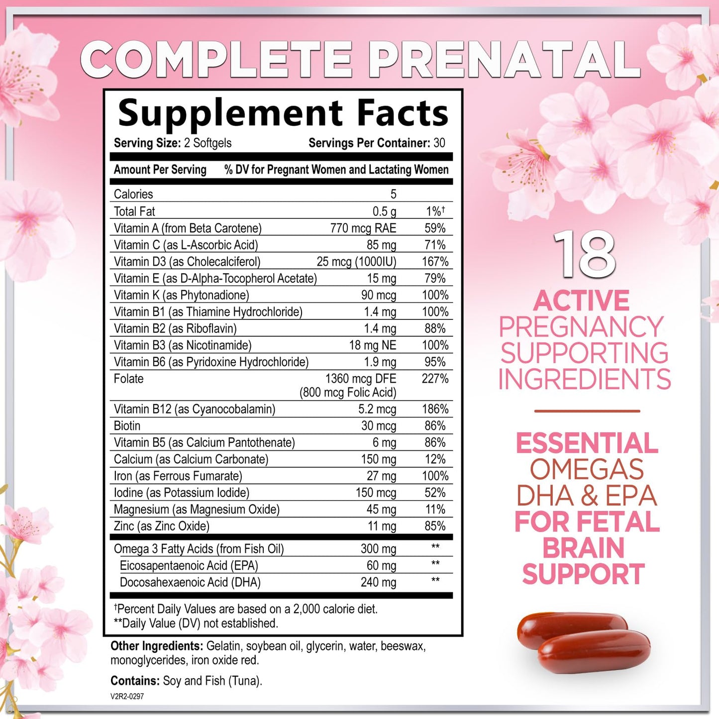 Prenatal Vitamins for Women with Folic Acid & DHA, Brain Development Support with Folate & Omega 3's, Multivitamin with Vitamin A, C, D, B6, B12 & Iron, Pregnancy Supplement - 60 Softgels