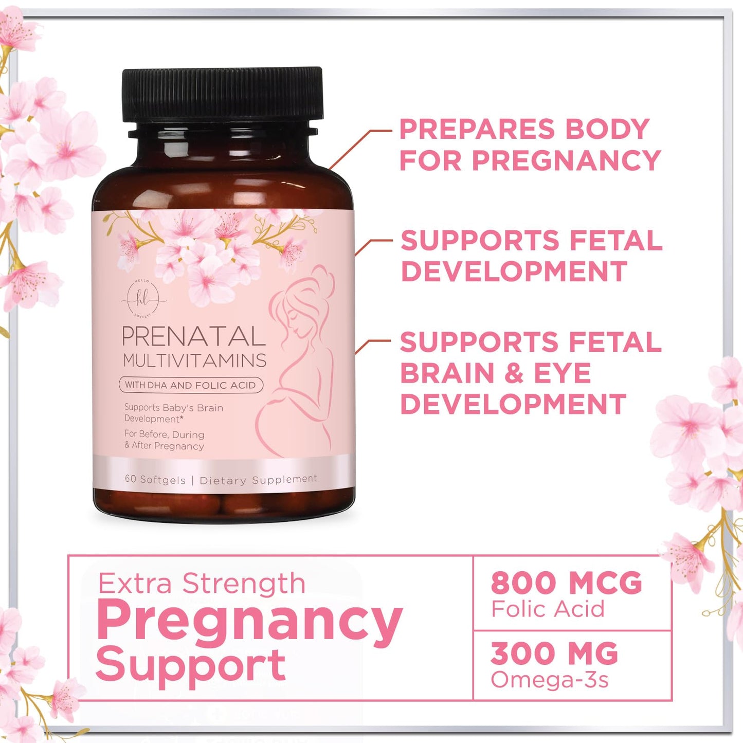 Prenatal Vitamins for Women with Folic Acid & DHA, Brain Development Support with Folate & Omega 3's, Multivitamin with Vitamin A, C, D, B6, B12 & Iron, Pregnancy Supplement - 60 Softgels