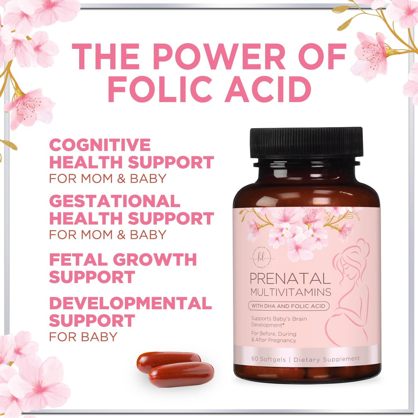 Prenatal Vitamins for Women with Folic Acid & DHA, Brain Development Support with Folate & Omega 3's, Multivitamin with Vitamin A, C, D, B6, B12 & Iron, Pregnancy Supplement - 60 Softgels