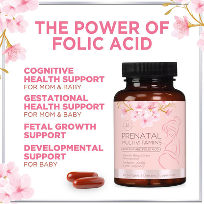 Prenatal Vitamins for Women with Folic Acid & DHA, Brain Development Support with Folate & Omega 3's, Multivitamin with Vitamin A, C, D, B6, B12 & Iron, Pregnancy Supplement - 60 Softgels