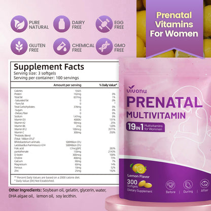 19-in-1 Prenatal Multivitamin Lemon Softgels – 300 Count, 100-Day Supply