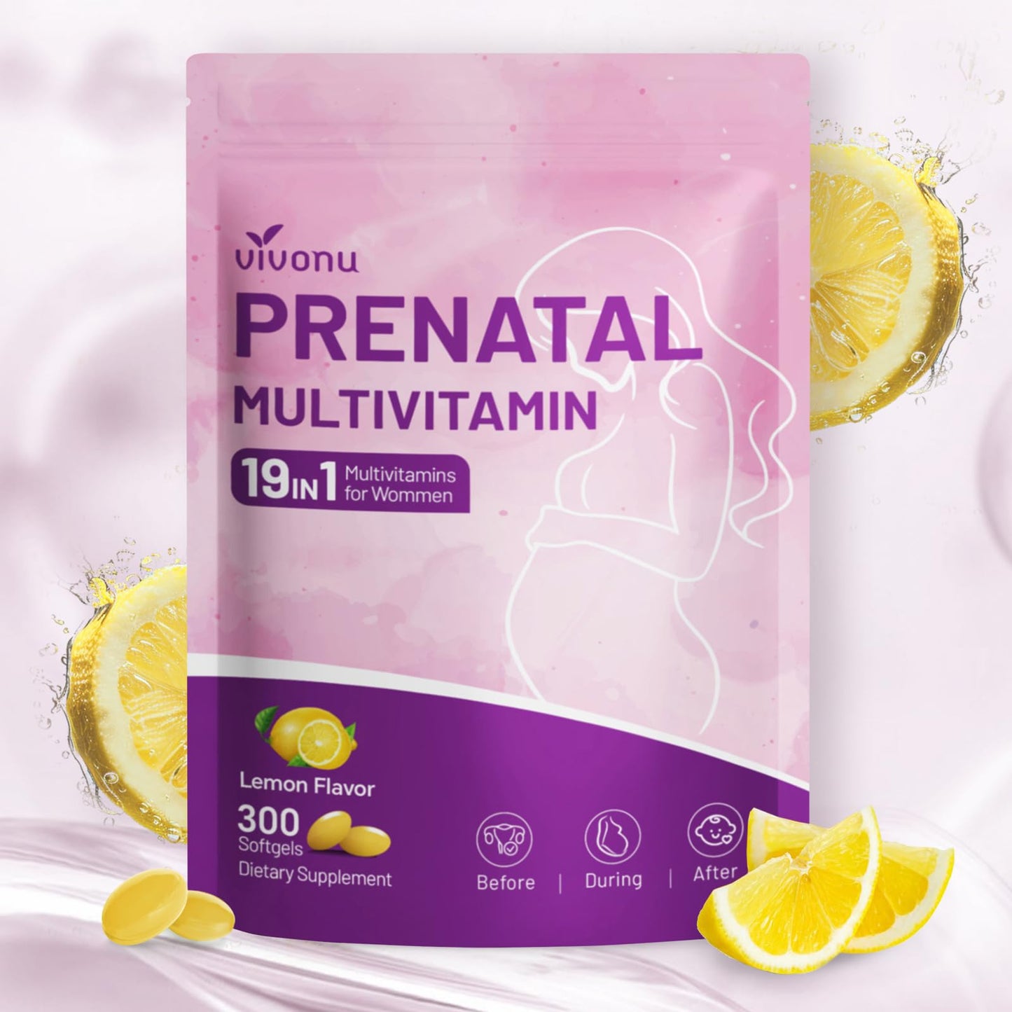 19-in-1 Prenatal Multivitamin Lemon Softgels – 300 Count, 100-Day Supply