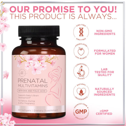Prenatal Vitamins for Women with Folic Acid & DHA, Brain Development Support with Folate & Omega 3's, Multivitamin with Vitamin A, C, D, B6, B12 & Iron, Pregnancy Supplement - 60 Softgels