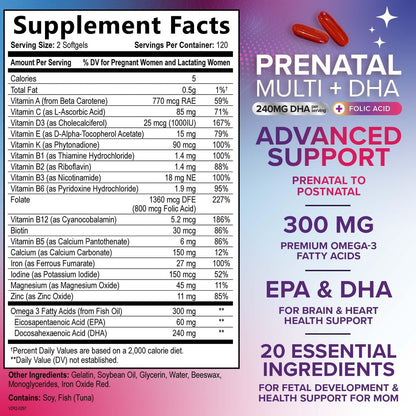 Prenatal Vitamins with Folic Acid & DHA - 240 Softgels | Omega-3 & Iron